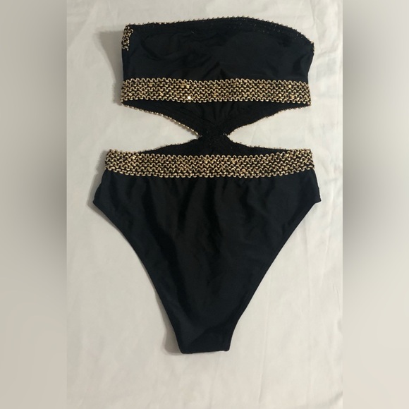 Milumia swimsuit stitch detail strapless one piece cut out Bandeau black.L - Picture 2 of 3